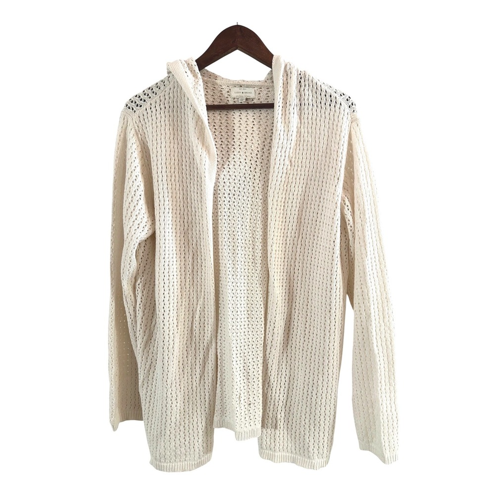 Lucky Brand Cream Crochet Open Front Long Line Cardigan w/Hood Size Medium